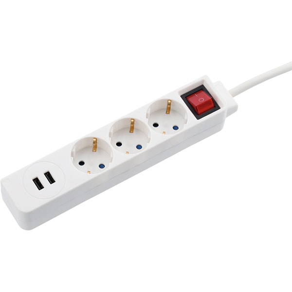 Prelungitor HAMA 137352, 3 prize, 2 x USB, 1.4m, alb