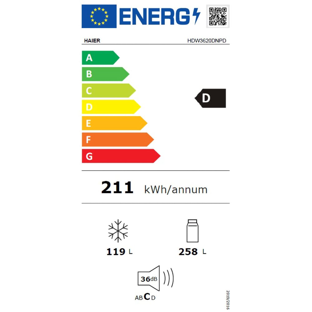Combina frigorifica HAIER HDW3620DNPD, No Frost, 377 l, H 200 cm, Clasa D, Wi-Fi, dark inox