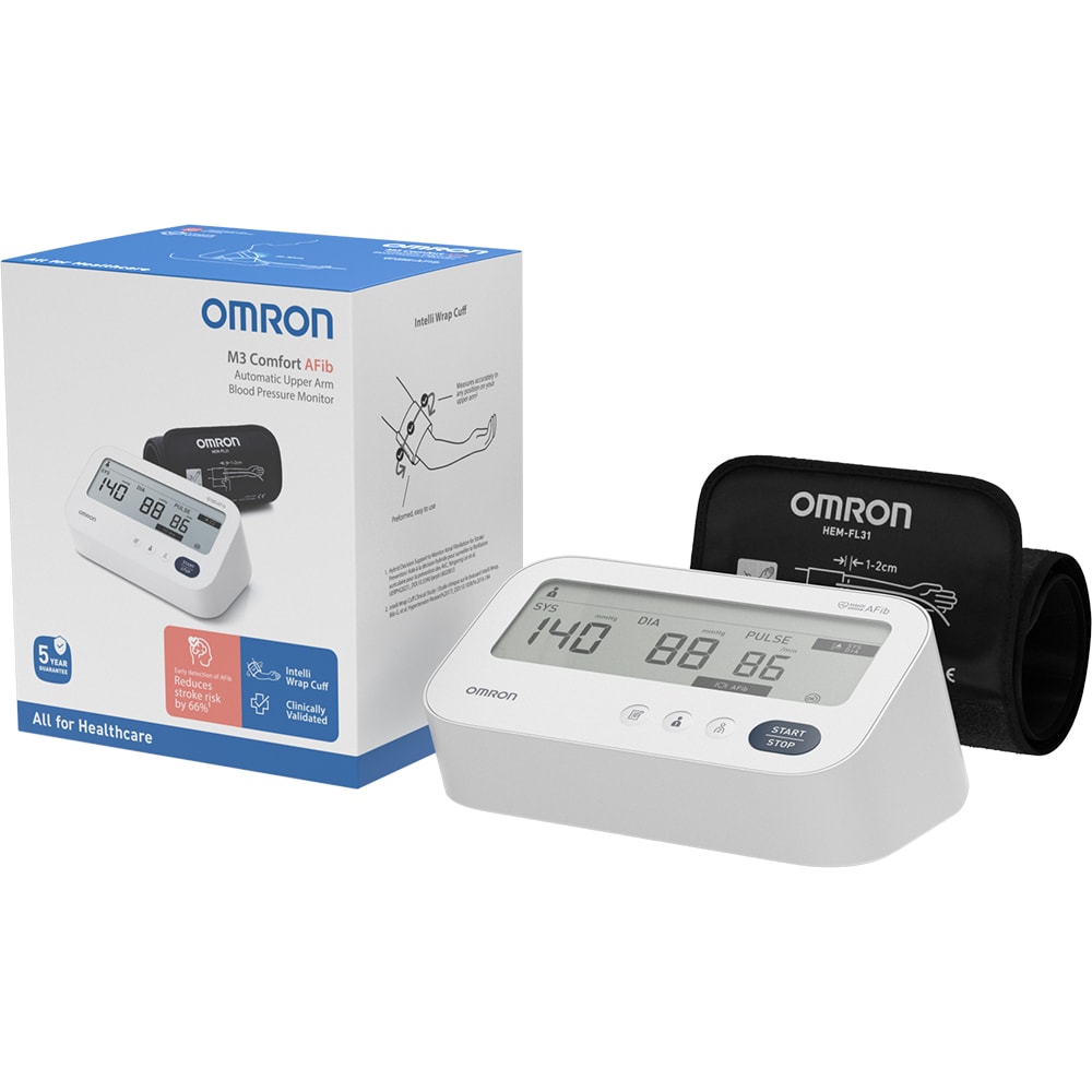 Tensiometru digital de brat OMRON M3 Confort AFIB, 2 utilizatori x 100 memorii, alb