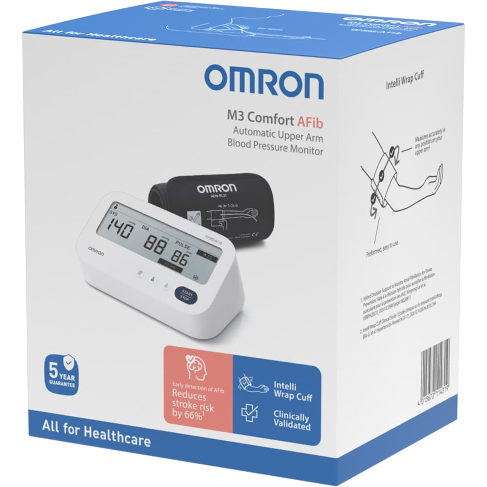 Tensiometru digital de brat OMRON M3 Confort AFIB, 2 utilizatori x 100 memorii, alb
