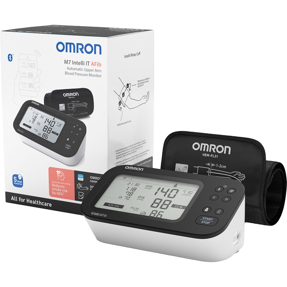 Tensiometru digital de brat OMRON M7 Intelli IT AFIB, Bluetooth, 2 utilizatori x 100 memorii, negru lucios