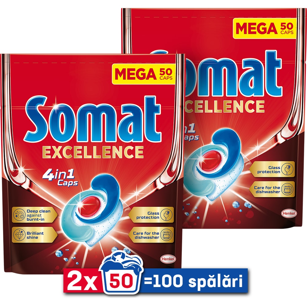 Detergent pentru masina de spalat vase SOMAT Excellence 4in1, 2 x 50 capsule
