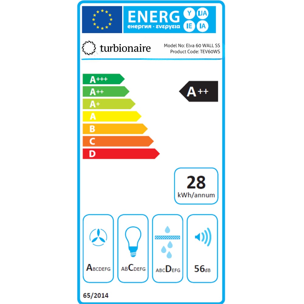 Hota decorativa TURBIONAIRE Elva 60 Wall TEV60WS, 1 motor, 800 m3/h, L 60 cm, inox