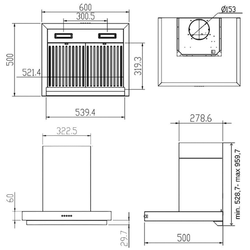 Hota decorativa TURBIONAIRE Chef 60 Wall Pro Black THC60WPB, 1 motor, 800 m3/h, L 60 cm, negru