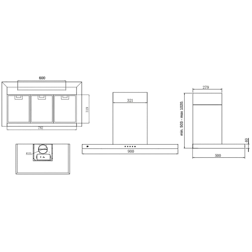 Hota decorativa TURBIONAIRE Ama TMA90WB, 1 motor, 800 m3/h, L 90 cm, negru