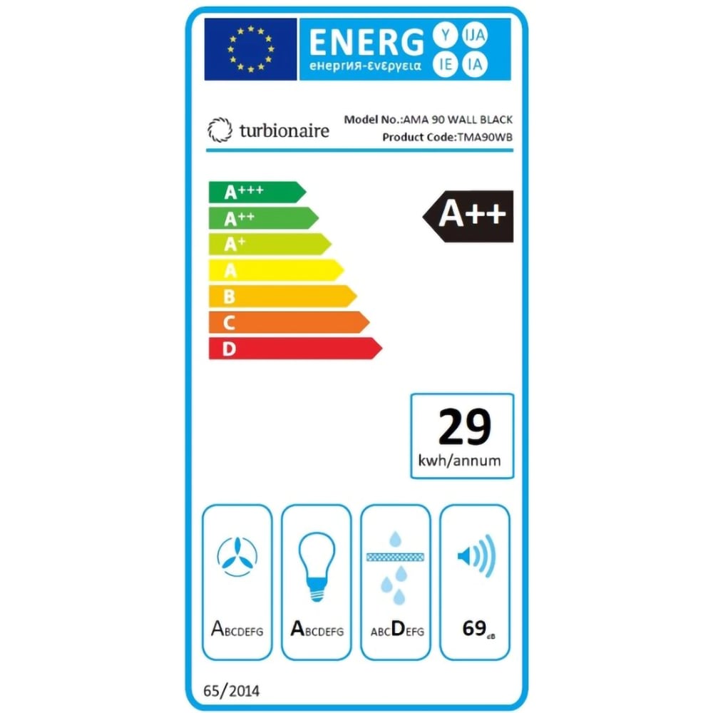 Hota decorativa TURBIONAIRE Ama TMA90WB, 1 motor, 800 m3/h, L 90 cm, negru