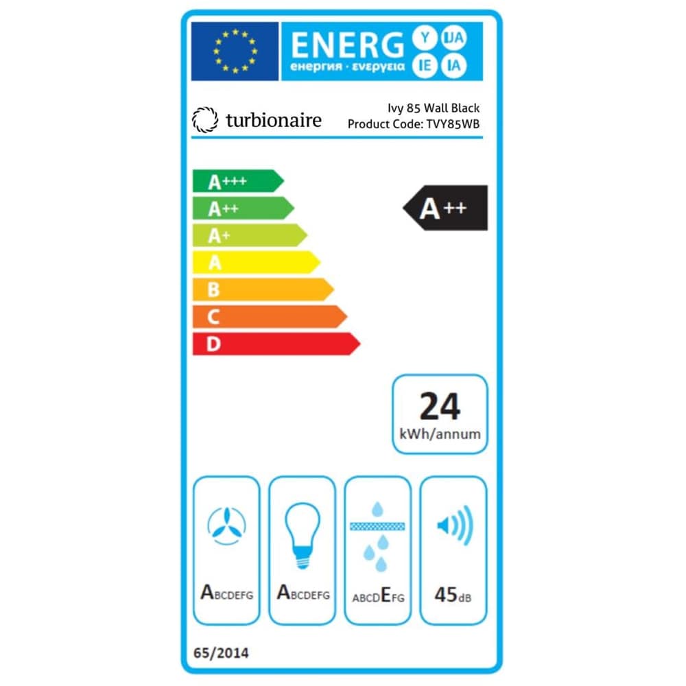Hota decorativa TURBIONAIRE Ivy 85 Wall Black TVY85WB, 1 motor, 800 m3/h, L 85 cm, negru