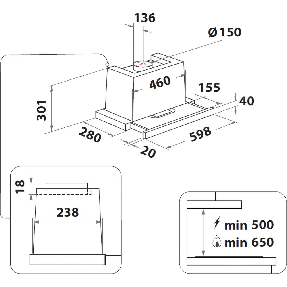 Hota incorporabila telescopica WHIRLPOOL WAHTT 64 LM K, 1 motor