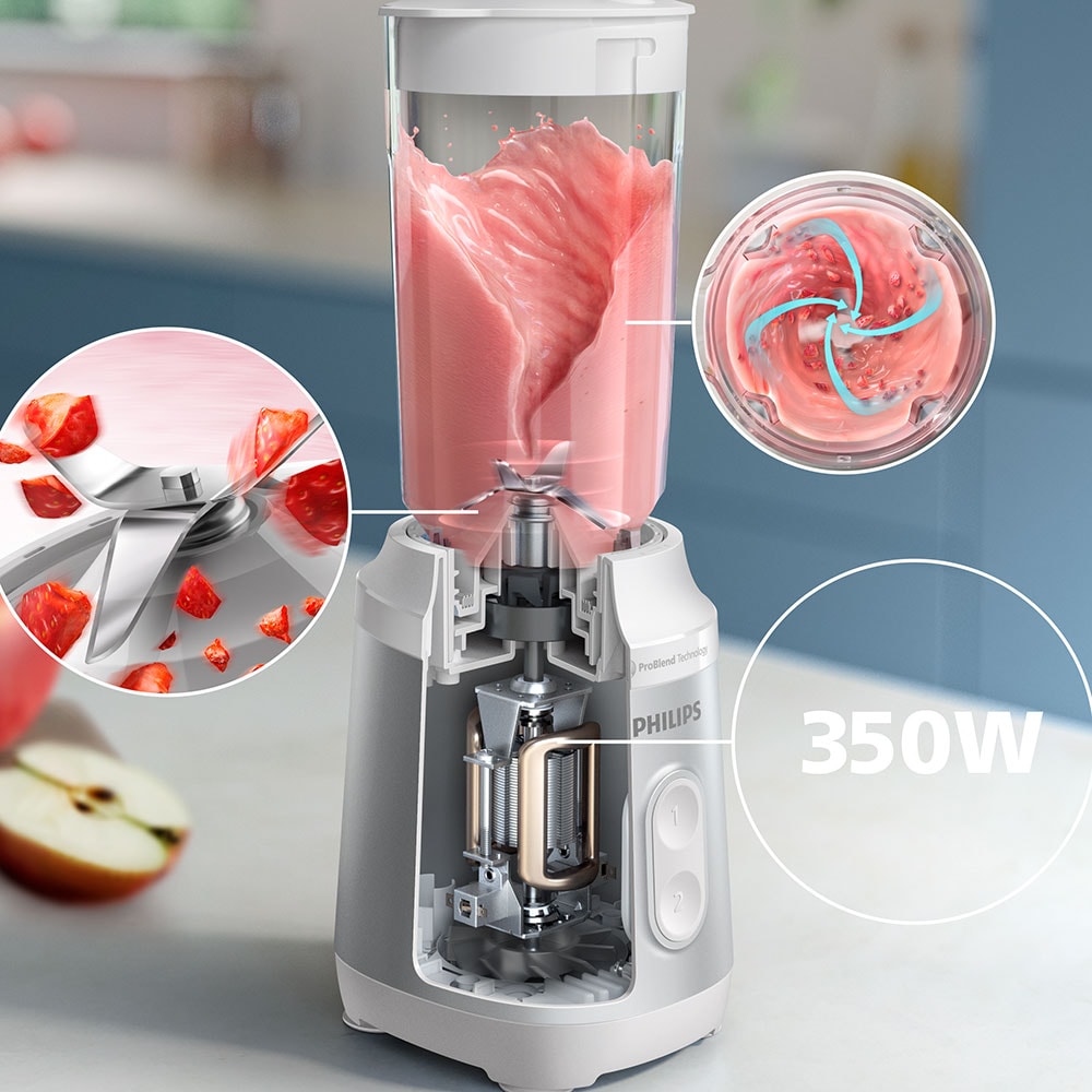 Mini blender PHILIPS Seria 3000 HR2512/90, 0.6l, 350W, 2 trepte viteza, alb-gri