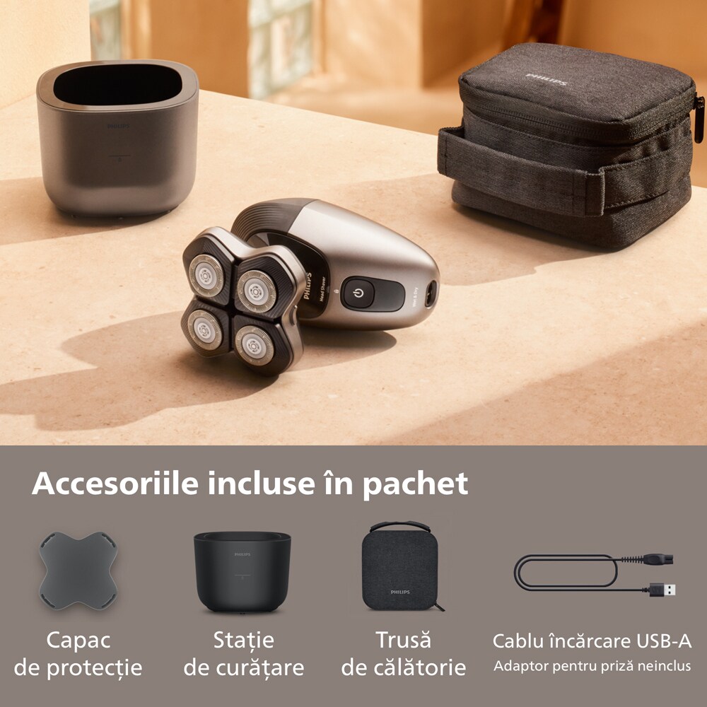 Aparat de ras pentru cap PHILIPS Pro Series 5000 HS5980/15, autonomie 60 min, 4 elemente de taiere, negru