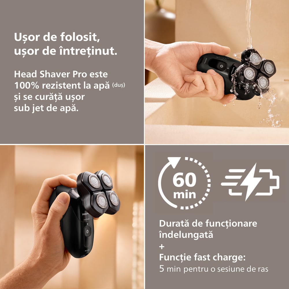 Aparat de ras pentru cap PHILIPS Pro Series 5000 HS5980/15, autonomie 60 min, 4 elemente de ras, negru