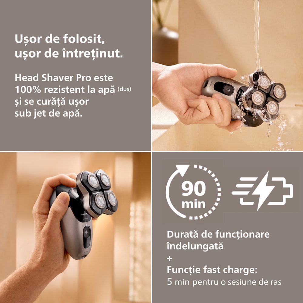 Aparat de ras pentru cap PHILIPS Pro Series 7000 HS7980/15, autonomie 90 min, 4 elemente de ras, argintiu