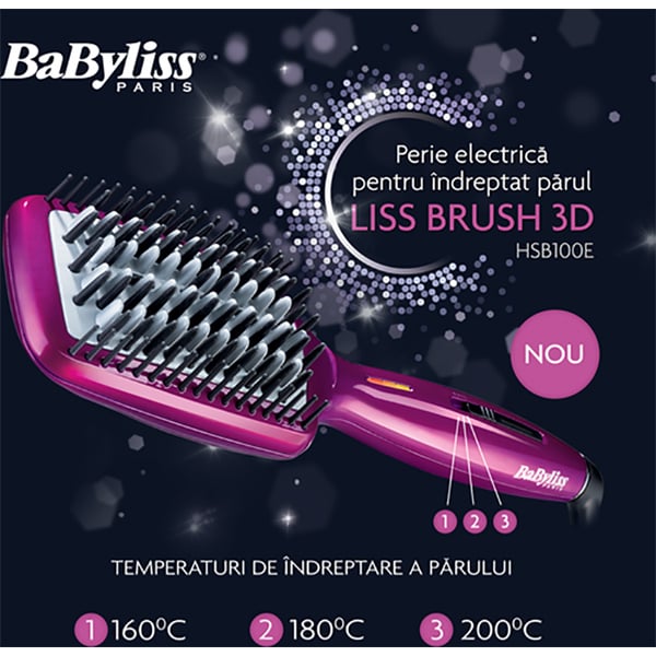 Perie termica BABYLISS Liss Brush 3D HSB100E, 3 trepte temperatura, Ionizare, roz