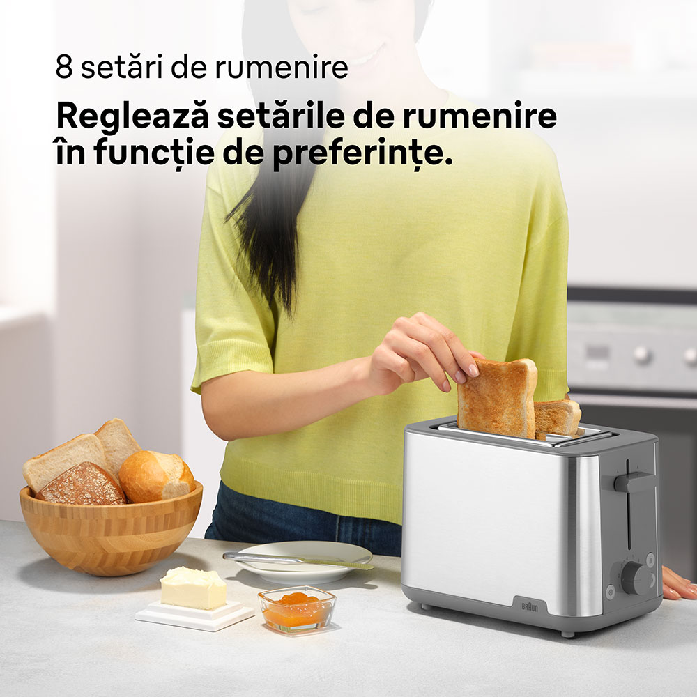 Prajitor de paine BRAUN Purshine HT1510GY, 2 felii, 900W, gri-argintiu