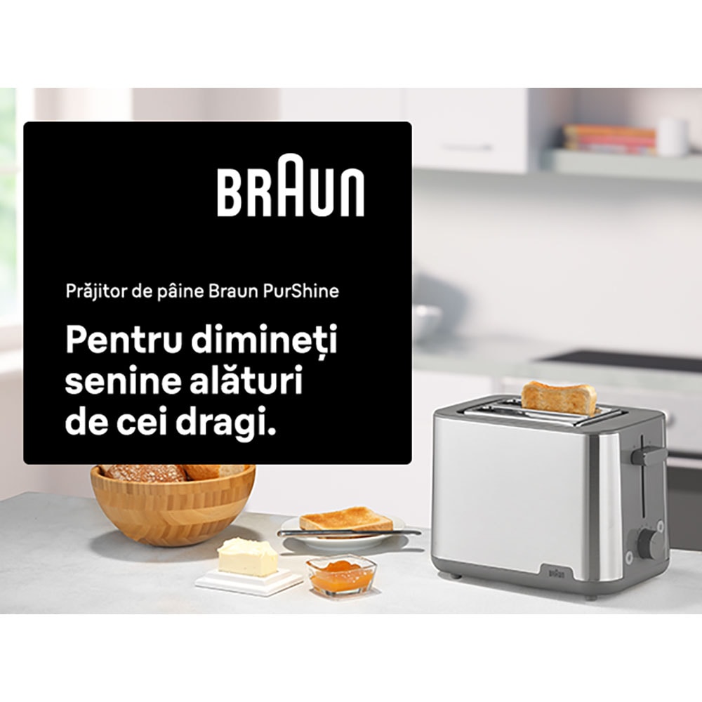 Prajitor de paine BRAUN Purshine HT1510GY, 2 felii, 900W, gri-argintiu