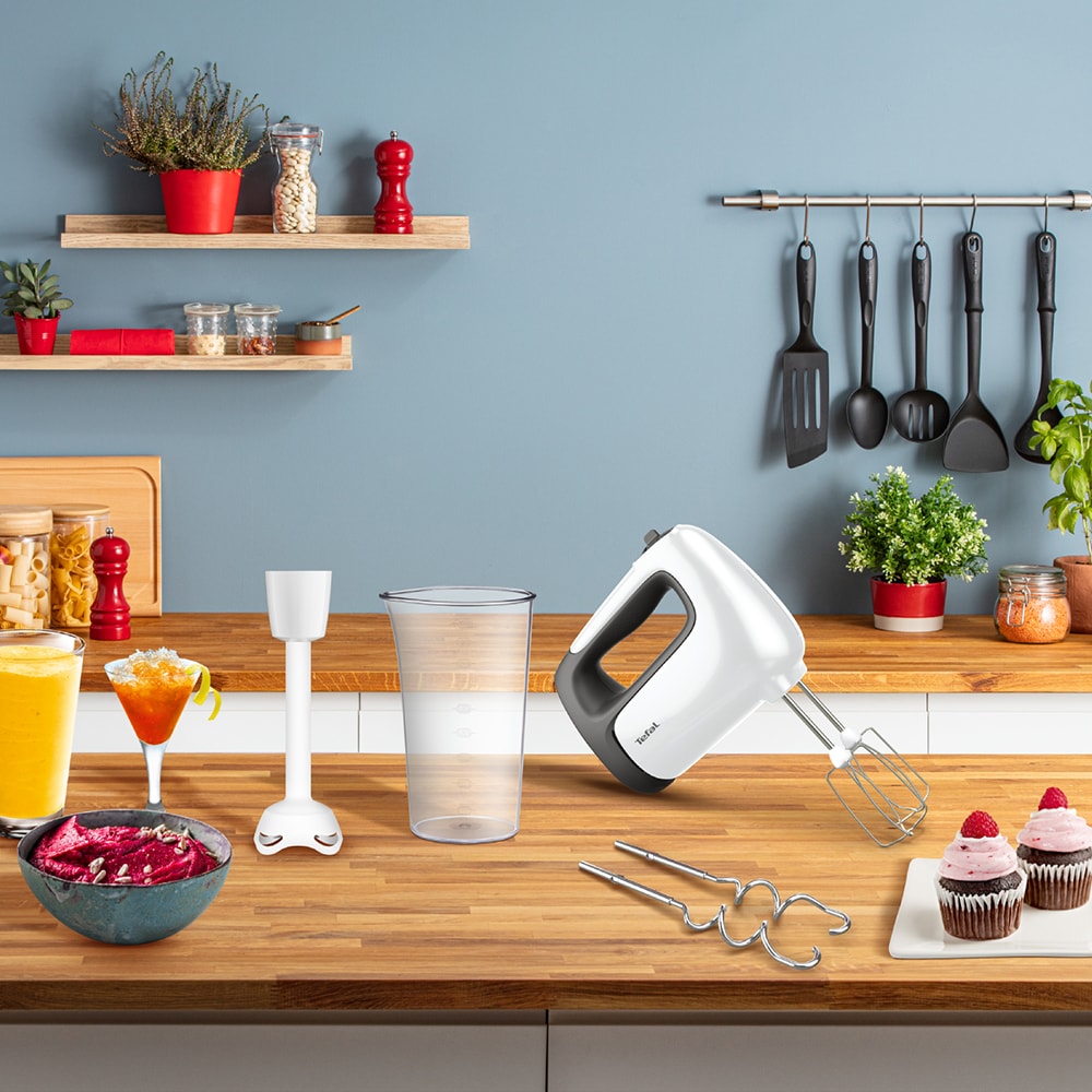 Mixer de mana TEFAL Prep'Mix HT461138, 0.6l, 500W, 5 trepte viteza, alb-gri inchis