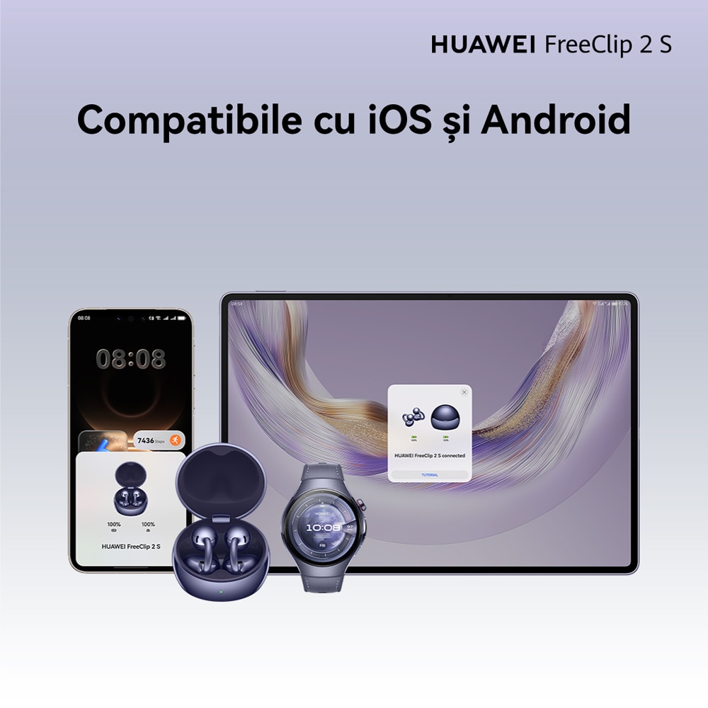 Casti HUAWEI FreeClip 2 S, True wireless, Bluetooth, Open-ear, Microfon, Deepsea Blue