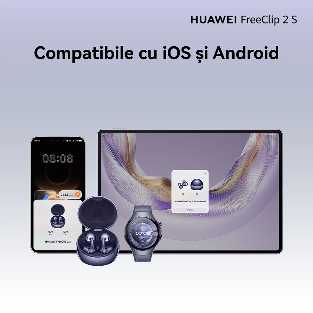 Casti HUAWEI FreeClip 2 S, True wireless, Bluetooth, Open-ear, Microfon, Space Silver