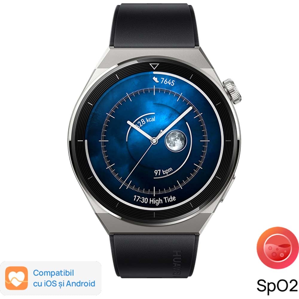 Smartwatch HUAWEI Watch GT 3 Pro Titanium 46mm, Android/iOS, Black Fluoroelastomer Strap