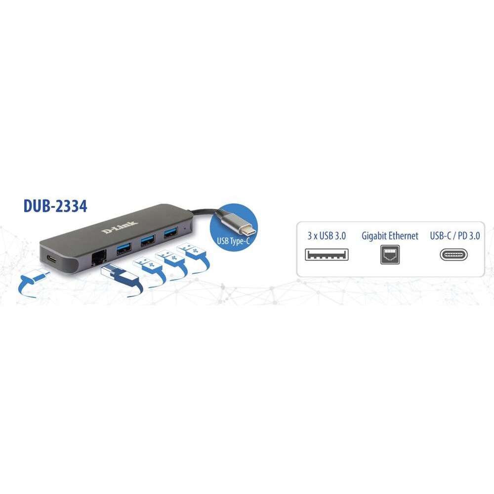 Hub USB D-LINK DUB-2334, 5 in 1, USB 3.0, negru