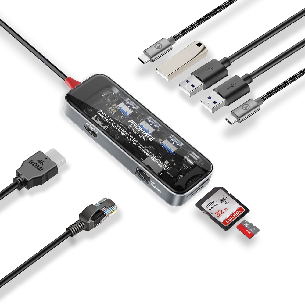 Hub USB Type-C 9 in 1 PROMATE TransHub-Go, USB 3.0, HDMI, RJ-45, SD/MicroSD, transparent