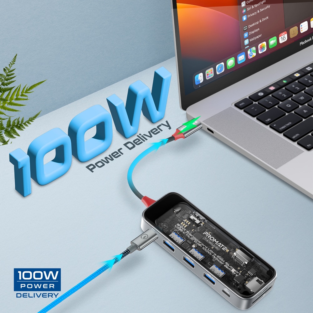 Hub USB Type-C 9 in 1 PROMATE TransHub-Go, USB 3.0, HDMI, RJ-45, SD/MicroSD, transparent
