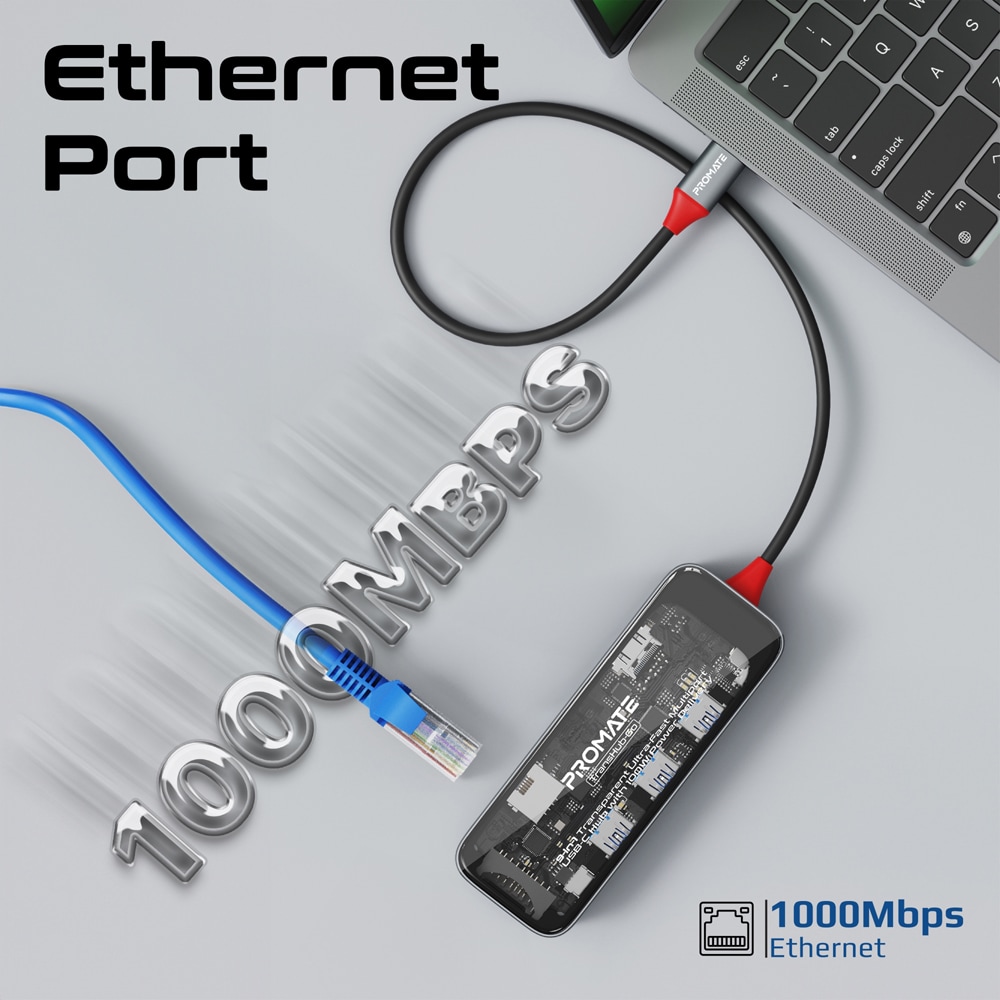 Hub USB Type-C 9 in 1 PROMATE TransHub-Go, USB 3.0, HDMI, RJ-45, SD/MicroSD, transparent