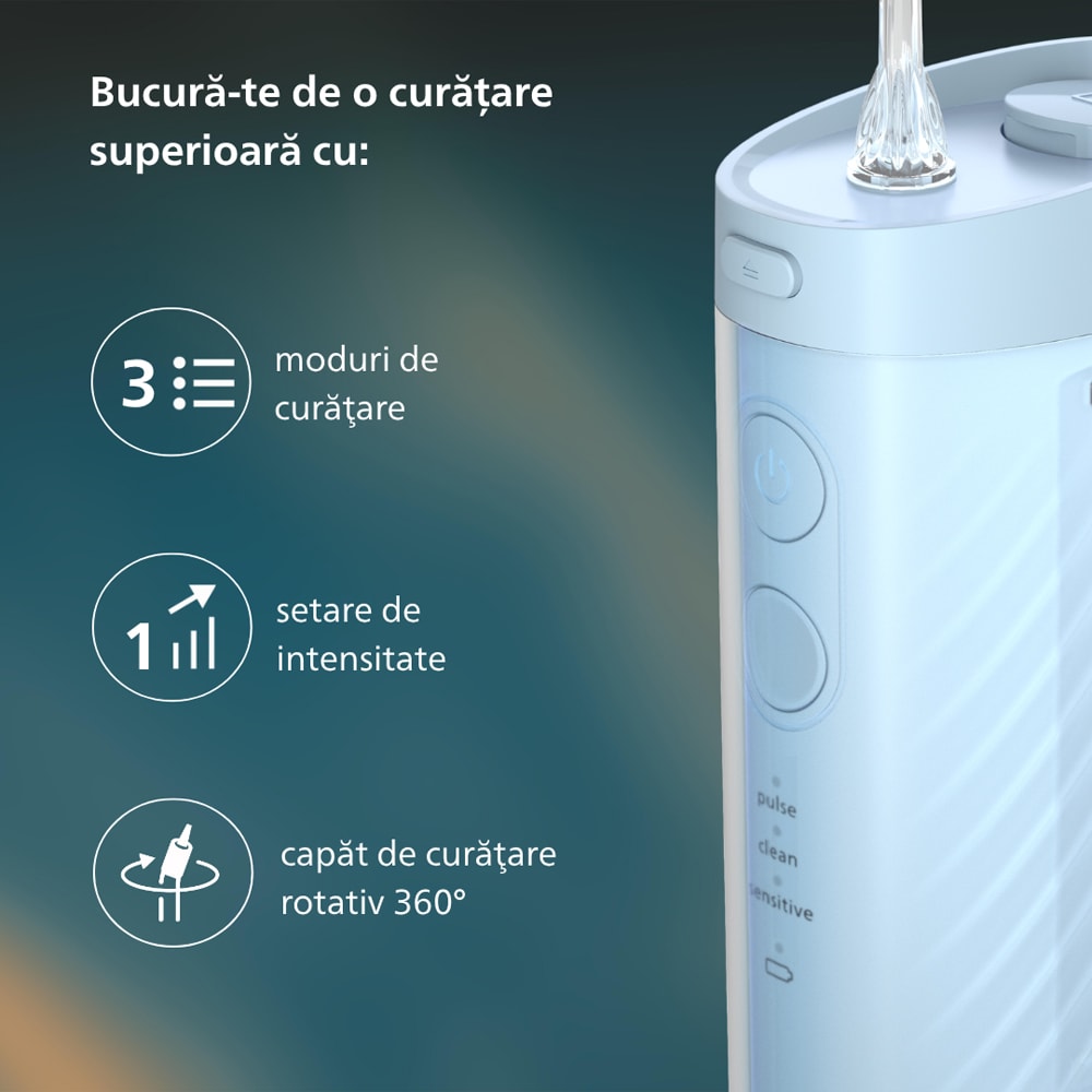 Irigator bucal PHILIPS Sonicare Compact Flosser 1000 HX3333/24, 2 capete, albastru