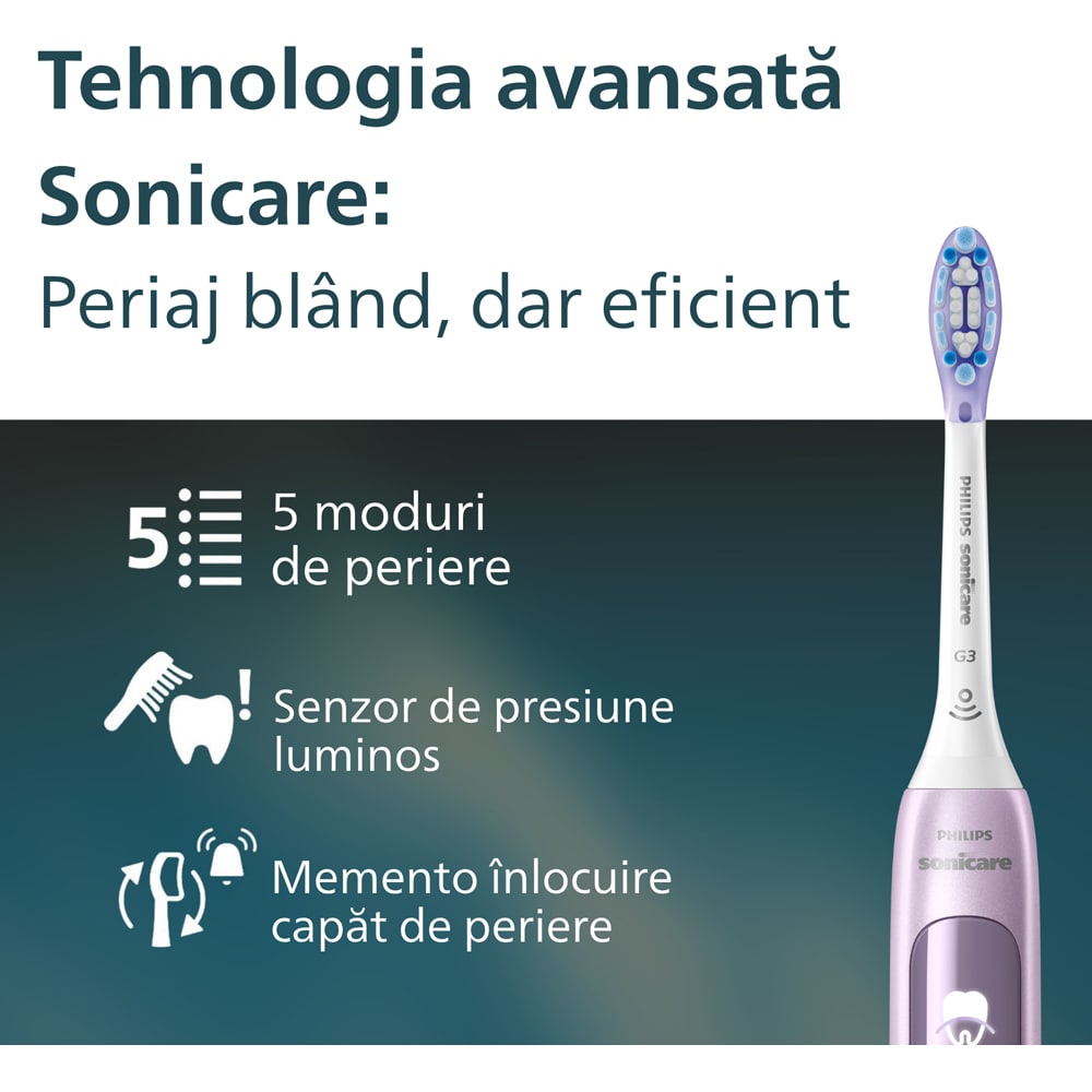 Periuta de dinti electrica PHILIPS Sonicare Advanced Clean HX3792/12, 31000 miscari/min, 5 programe, 1 capat, roz