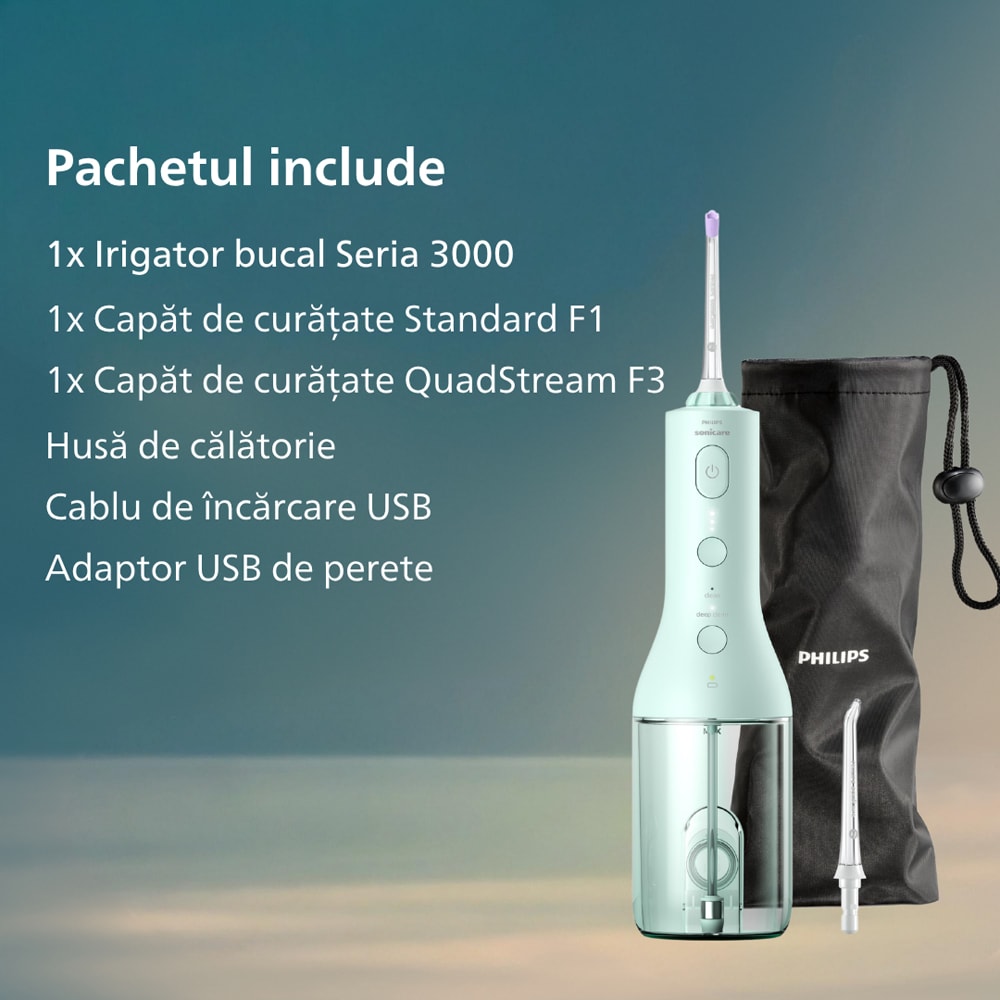 Irigator bucal PHILIPS Sonicare Power Flosser 3000 HX3826/24, 2 capete, verde