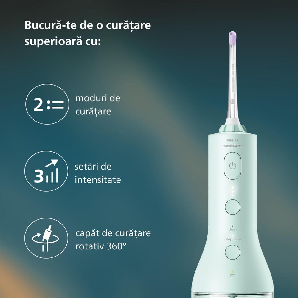 Irigator bucal PHILIPS Sonicare Power Flosser 3000 HX3826/24, 2 capete, verde