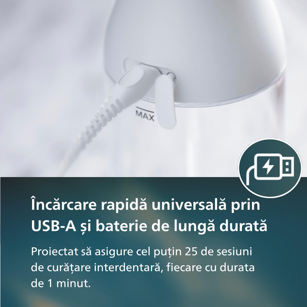 Irigator bucal PHILIPS Sonicare Cordless Power Flosser 3000 HX3826/31, 2 capete, alb
