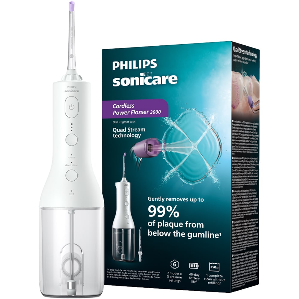 Irigator bucal PHILIPS Sonicare Cordless Power Flosser 3000 HX3826/31, 2 capete, alb