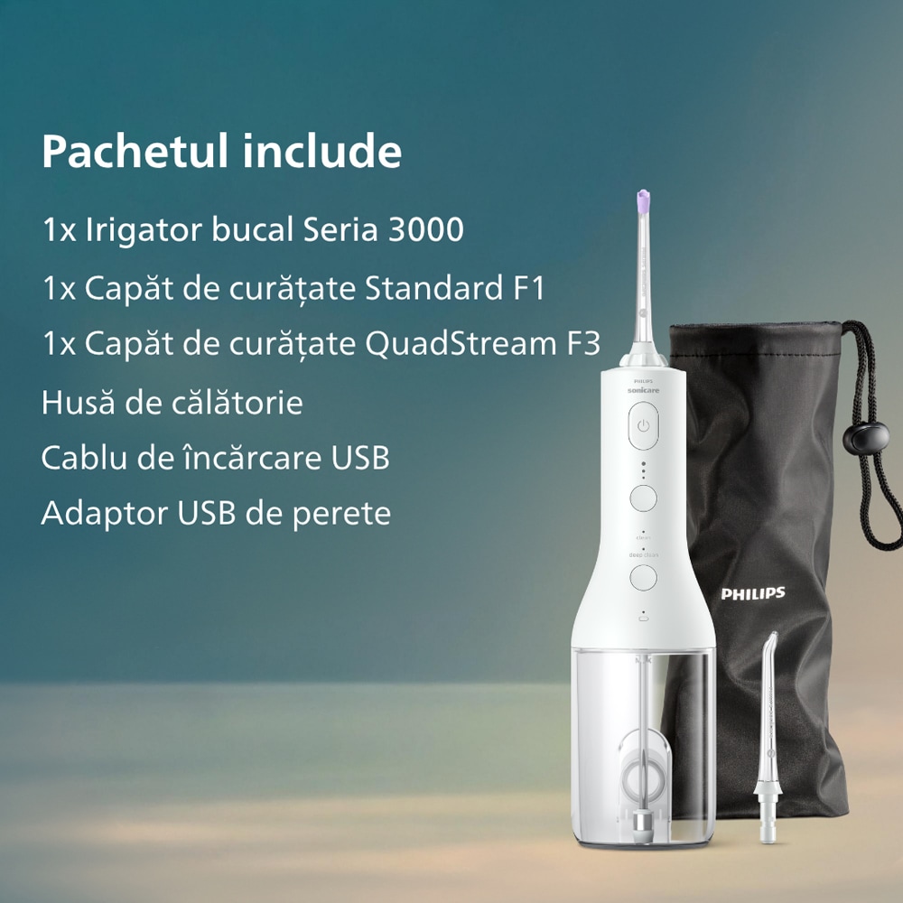 Irigator bucal PHILIPS Sonicare Cordless Power Flosser 3000 HX3826/31, 2 capete, alb