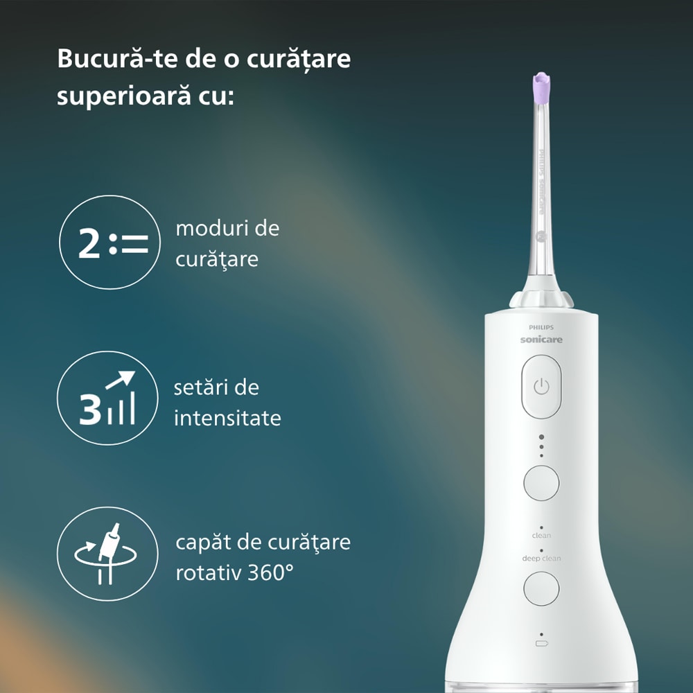 Irigator bucal PHILIPS Sonicare Cordless Power Flosser 3000 HX3826/31, 2 capete, alb