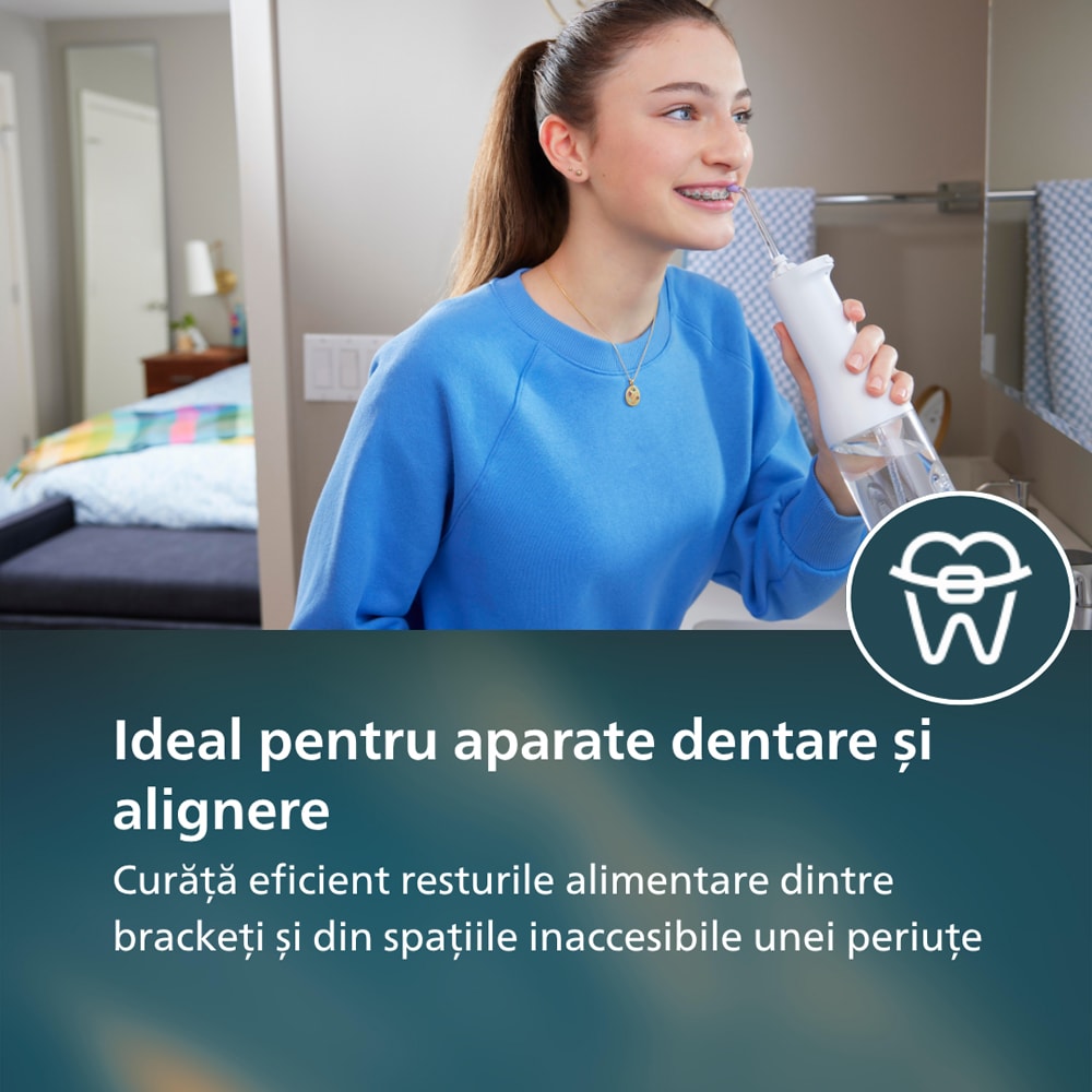 Irigator bucal PHILIPS Sonicare Cordless Power Flosser 3000 HX3826/31, 2 capete, alb