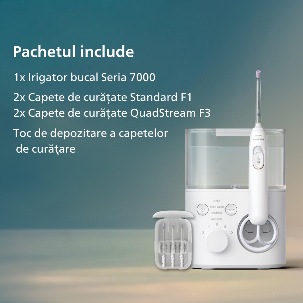 Irigator bucal PHILIPS Sonicare 7000 HX3911/40, 10 viteze, 4 capete, alb