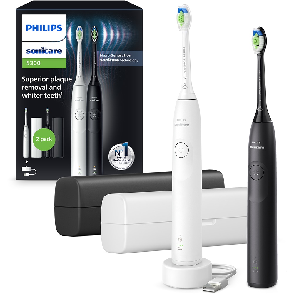 Set 2 Periute de dinti electrice PHILIPS Sonicare 5300 HX7109/01, 62000 miscari/min, 1 program, 2 capete, alb-negru