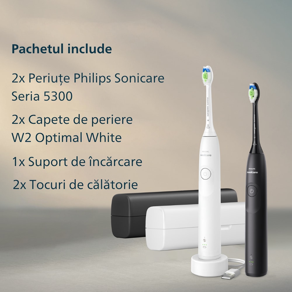 Set 2 Periute de dinti electrice PHILIPS Sonicare 5300 HX7109/01, 62000 miscari/min, 1 program, 2 capete, alb-negru
