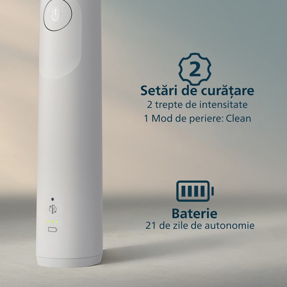 Set 2 Periute de dinti electrice PHILIPS Sonicare 5300 HX7109/01, 62000 miscari/min, 1 program, 2 capete, alb-negru