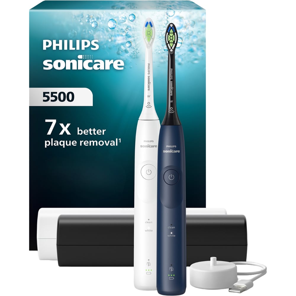 Set 2 Periute de dinti electrice PHILIPS Sonicare 5500 HX7119/01, 62000 miscari/min, 2 programe, 2 capete, alb-albastru inchis