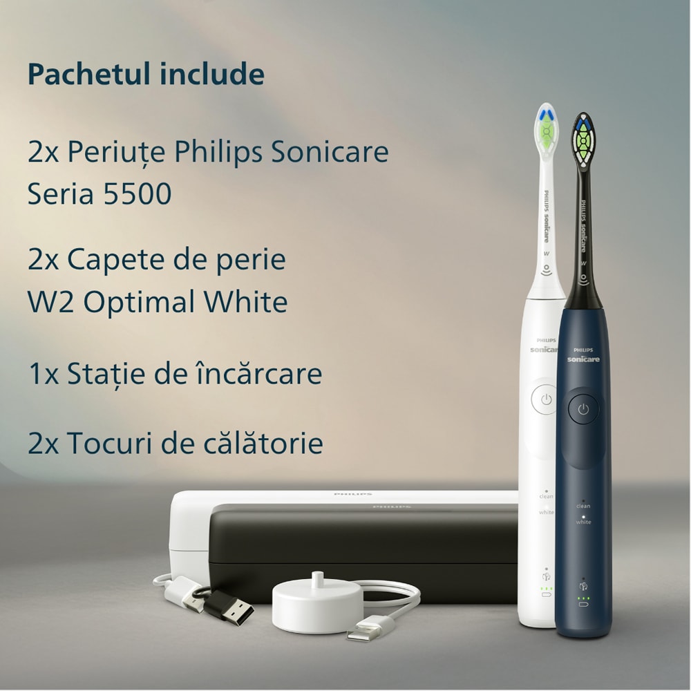 Set 2 Periute de dinti electrice PHILIPS Sonicare 5500 HX7119/01, 62000 miscari/min, 2 programe, 2 capete, alb-albastru inchis