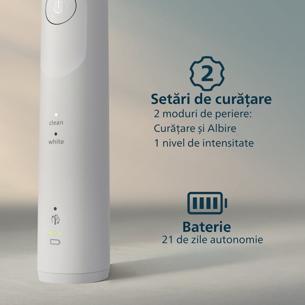 Set 2 Periute de dinti electrice PHILIPS Sonicare 5500 HX7119/01, 62000 miscari/min, 2 programe, 2 capete, alb-albastru inchis