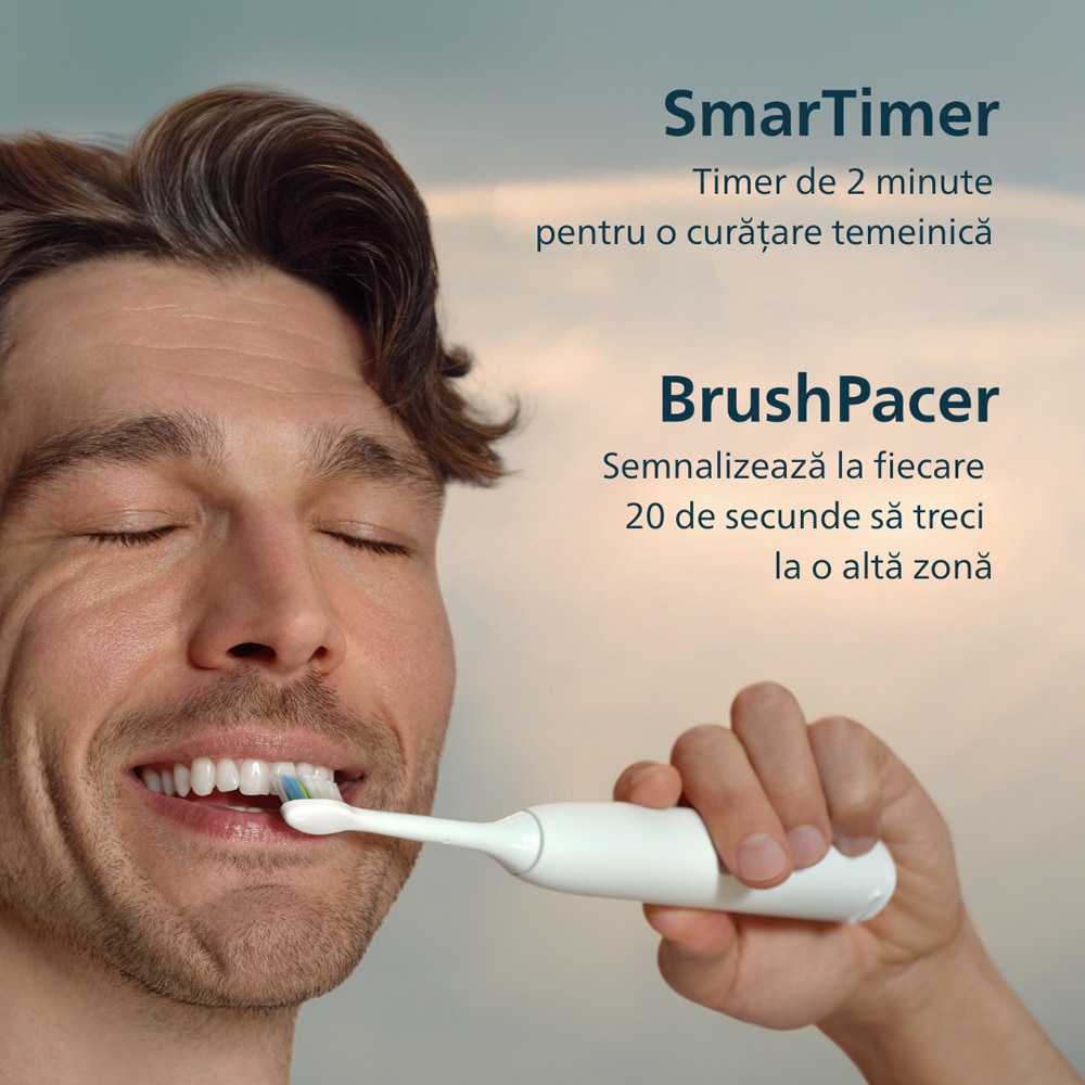 Set 2 Periute de dinti electrice PHILIPS Sonicare 5500 HX7119/01, 62000 miscari/min, 2 programe, 2 capete, alb-albastru inchis