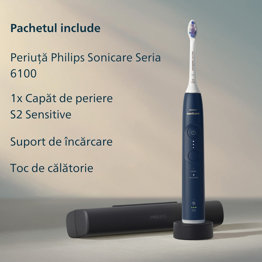Periuta de dinti electrica PHILIPS Sonicare 6100 HX7403/05, 62000 miscari/min, 2 programe, 1 capat, albastru inchis