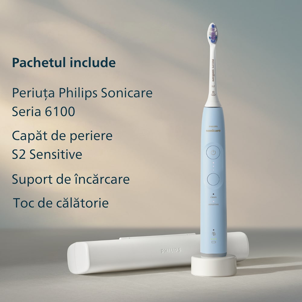 Periuta de dinti electrica PHILIPS Sonicare 6100 HX7406/02, 62000 miscari/min, 2 programe, 1 capat, albastru deschis