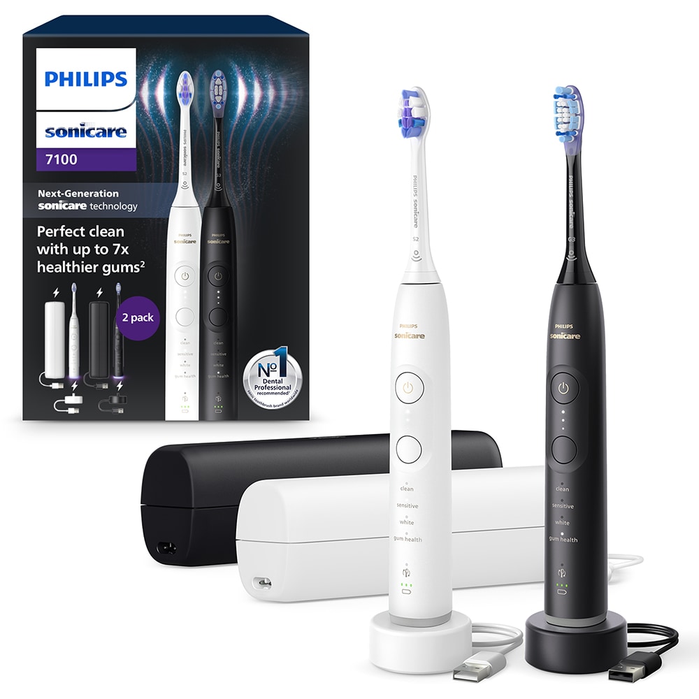 Set 2 Periute de dinti electrice PHILIPS Sonicare 7100 HX7429/02, 62000 miscari/min, 4 programe, 2 capete, alb-negru