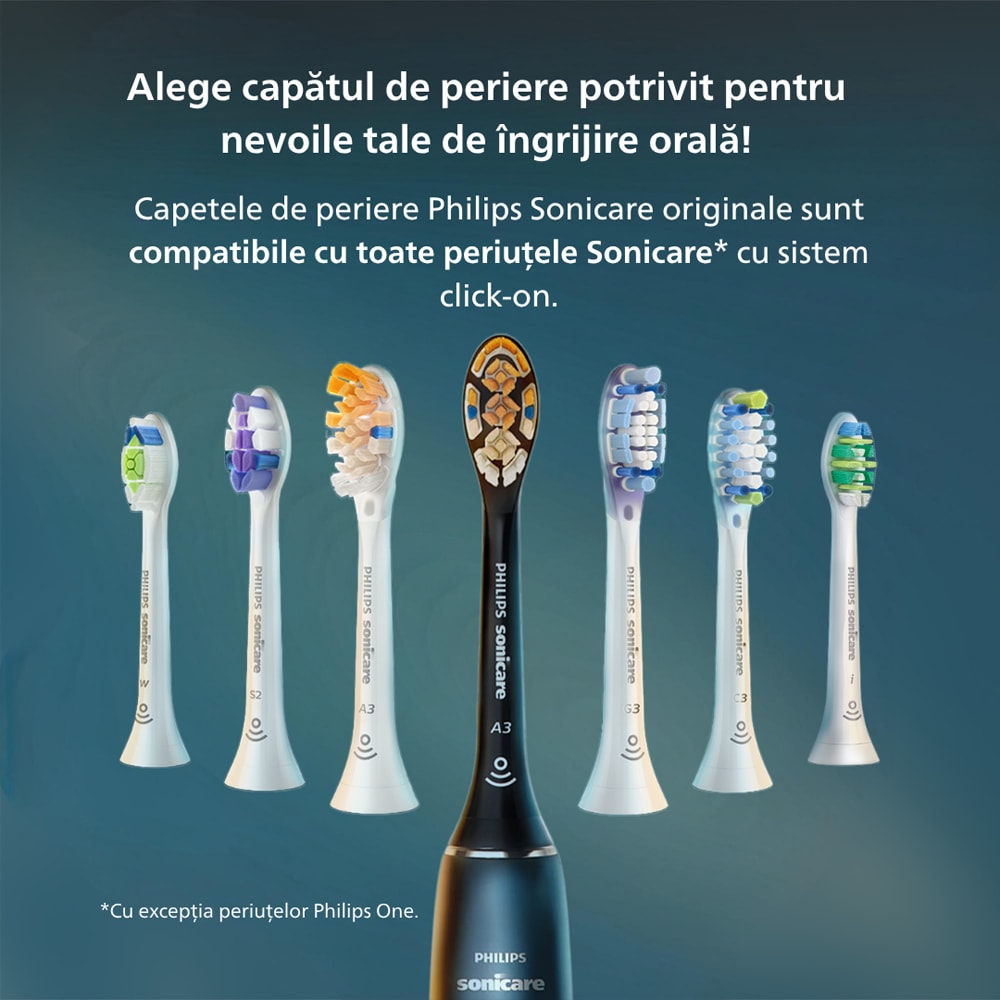 Set 2 Periute de dinti electrice PHILIPS Sonicare 7100 HX7429/02, 62000 miscari/min, 4 programe, 2 capete, alb-negru
