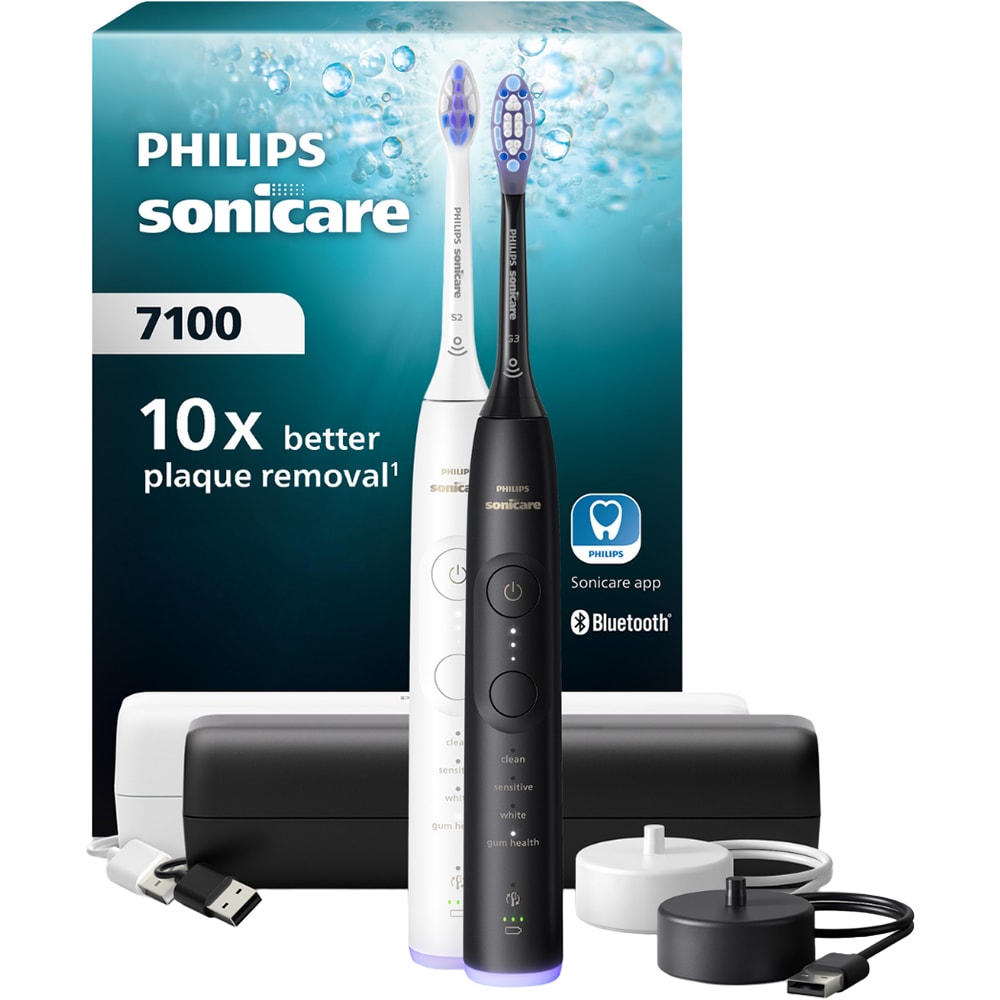 Set 2 Periute de dinti electrice PHILIPS Sonicare 7100 HX7429/02, 62000 miscari/min, 4 programe, 2 capete, alb-negru