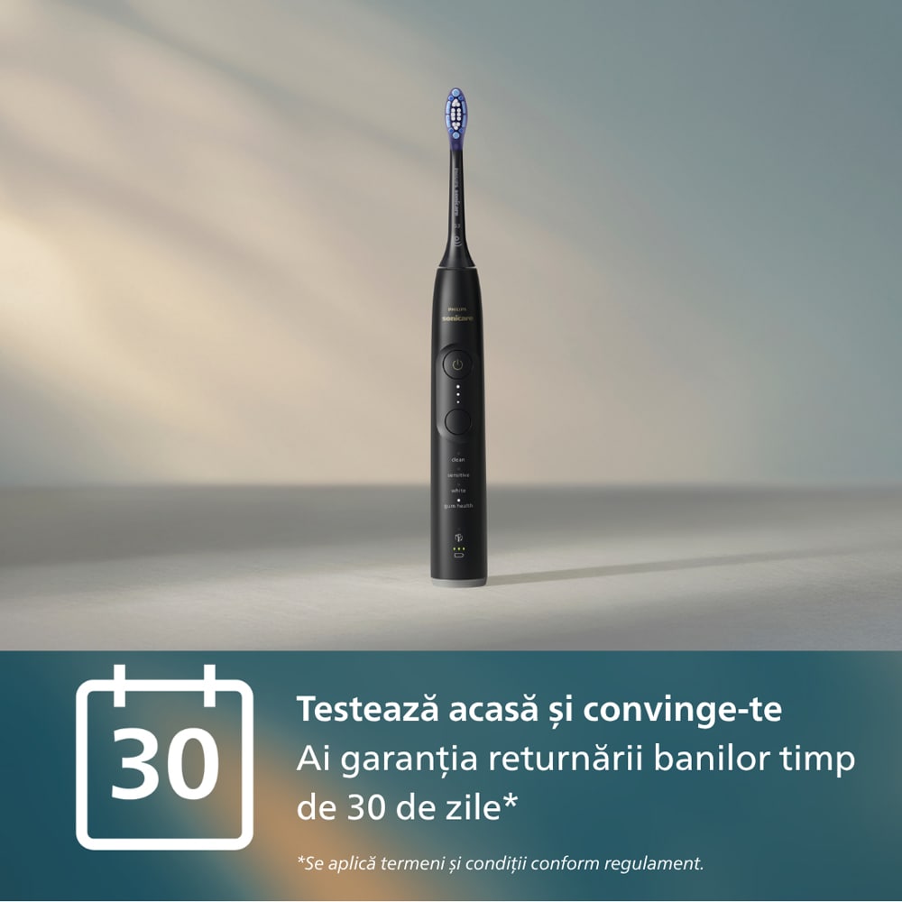 Set 2 Periute de dinti electrice PHILIPS Sonicare 7100 HX7429/02, 62000 miscari/min, 4 programe, 2 capete, alb-negru